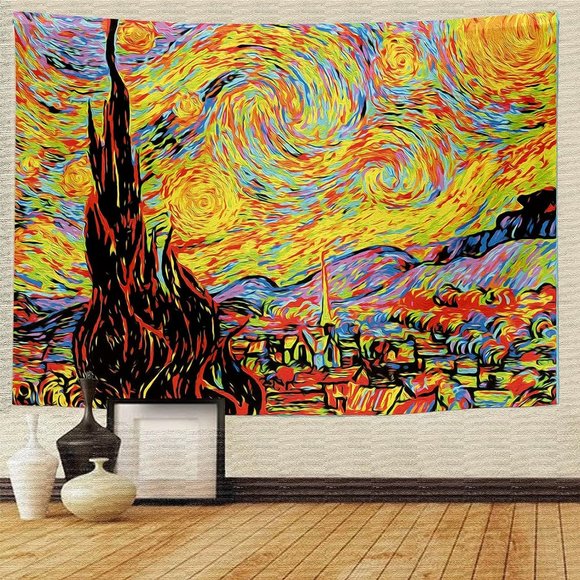 BlackLight Neon Starry Night Vincent Van Gogh Big Wall Tapestry Black Light New - Picture 1 of 10